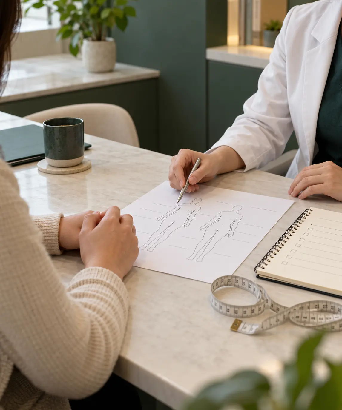 Patient and clinician reviewing a body-contouring assessment worksheet during consultation planning