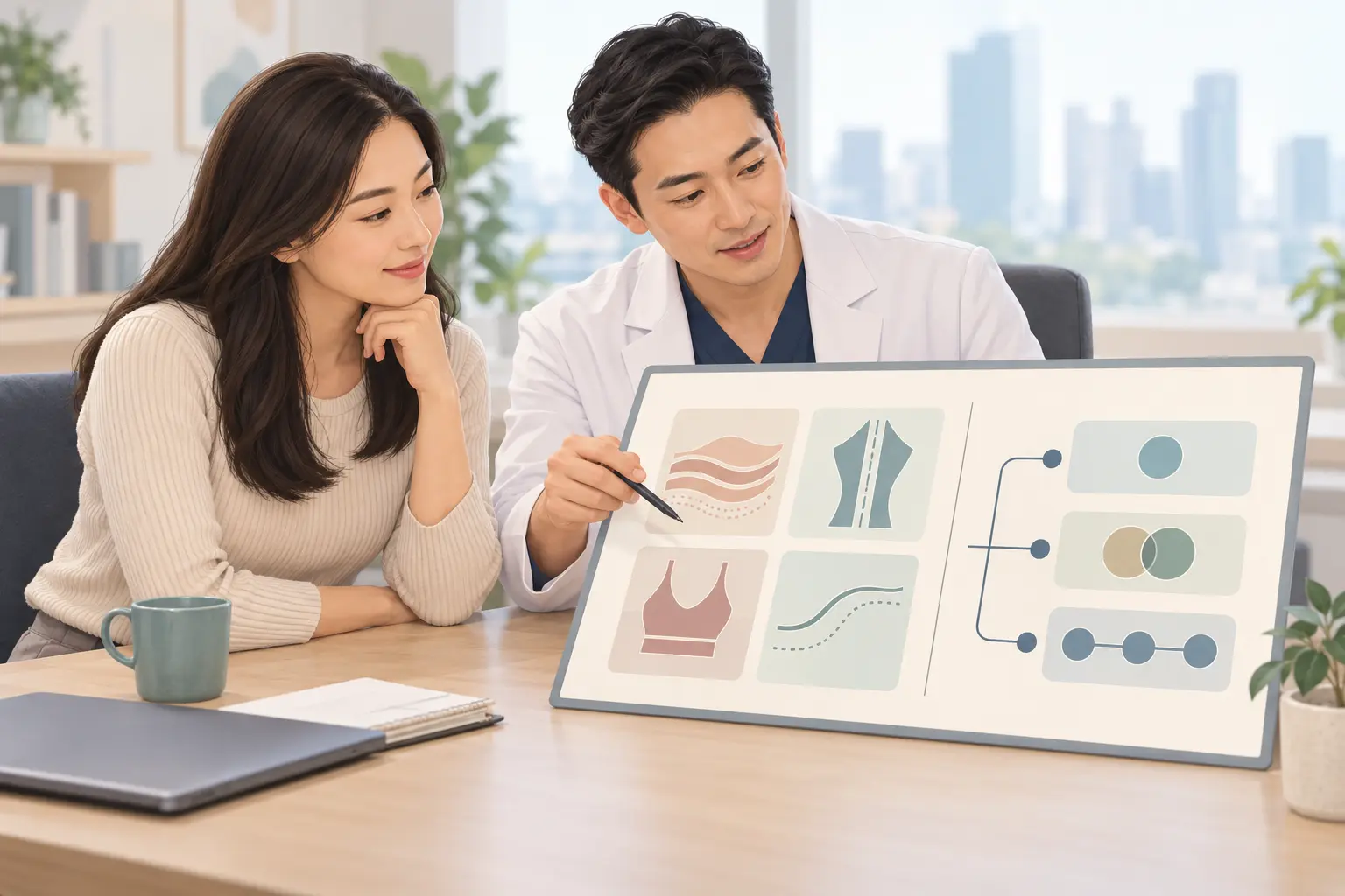 Patient and plastic surgeon reviewing separate post-pregnancy concerns and combined or staged planning options