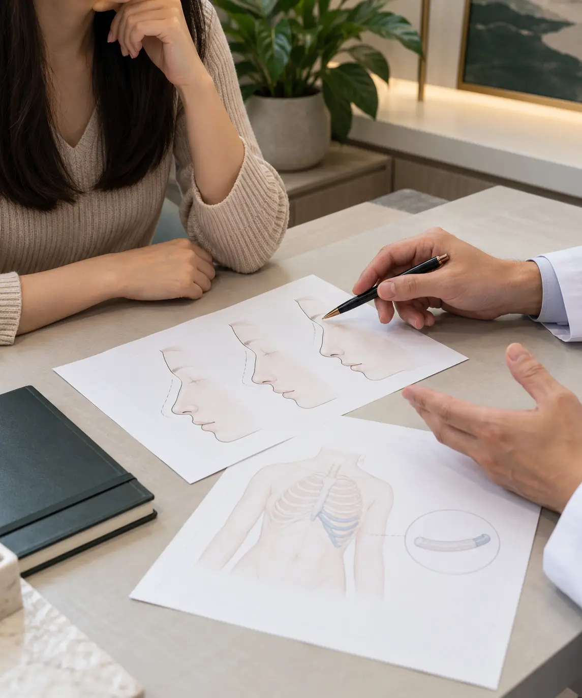 Patient and clinician reviewing nose profile and rib donor-site planning during a rhinoplasty consultation