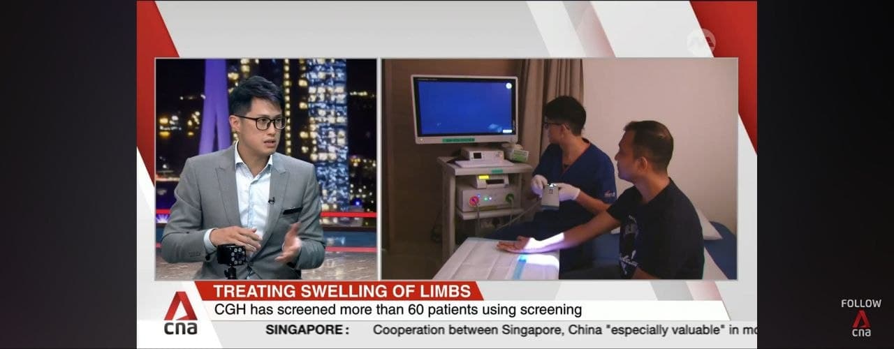 CNA interview screenshot showing Dr Jeremy Sun discussing treatment for swelling of limbs