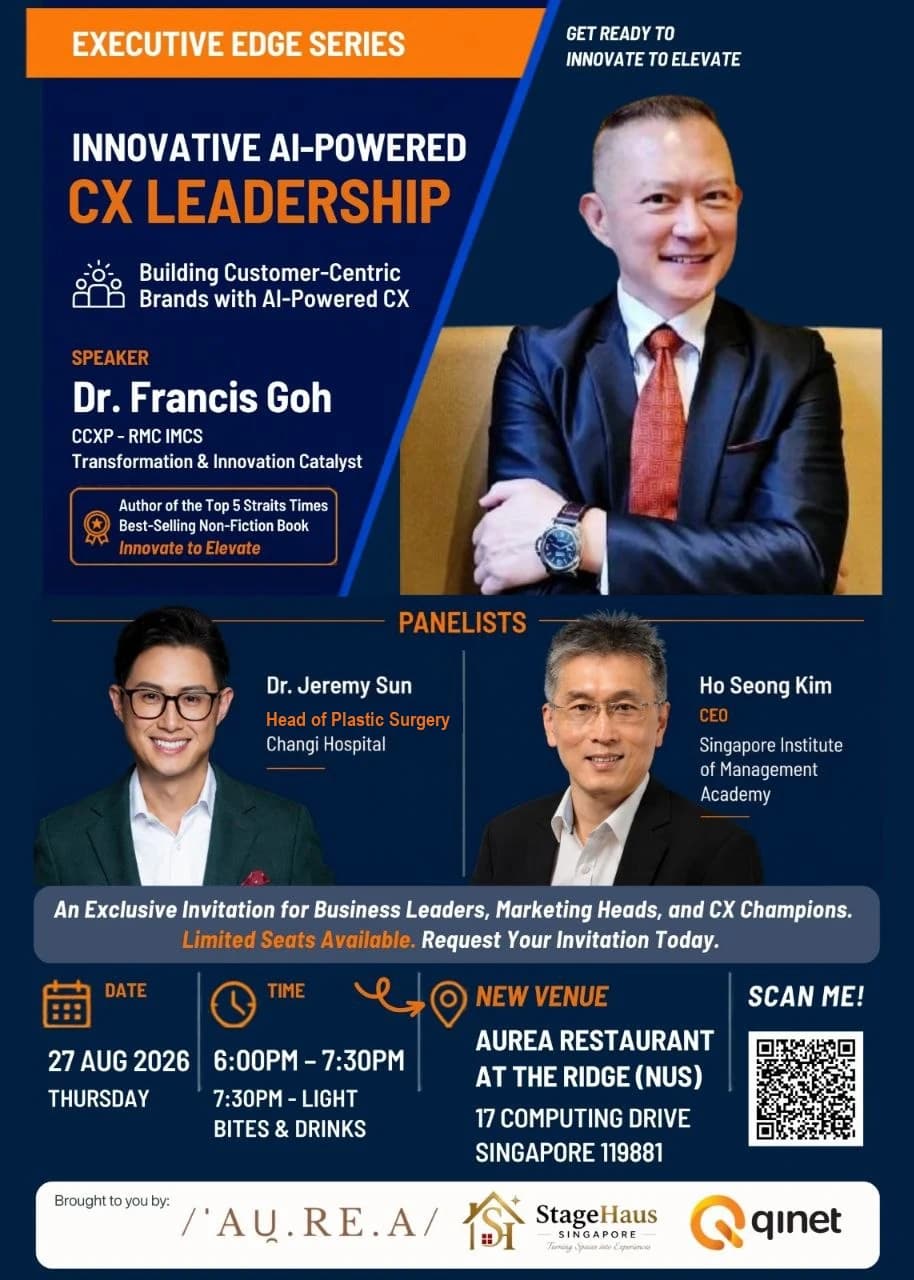 Executive Edge Series poster listing Dr Jeremy Sun as Head of Plastic Surgery and invited panelist for Innovative AI-Powered CX Leadership