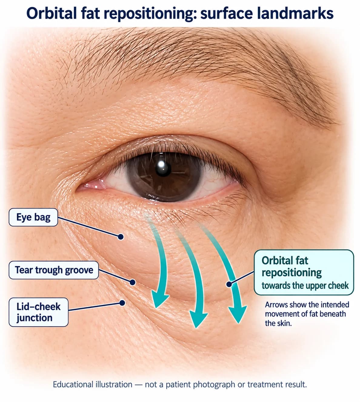 Educational illustration of lower-eyelid bags, the tear-trough groove and orbital fat repositioning landmarks