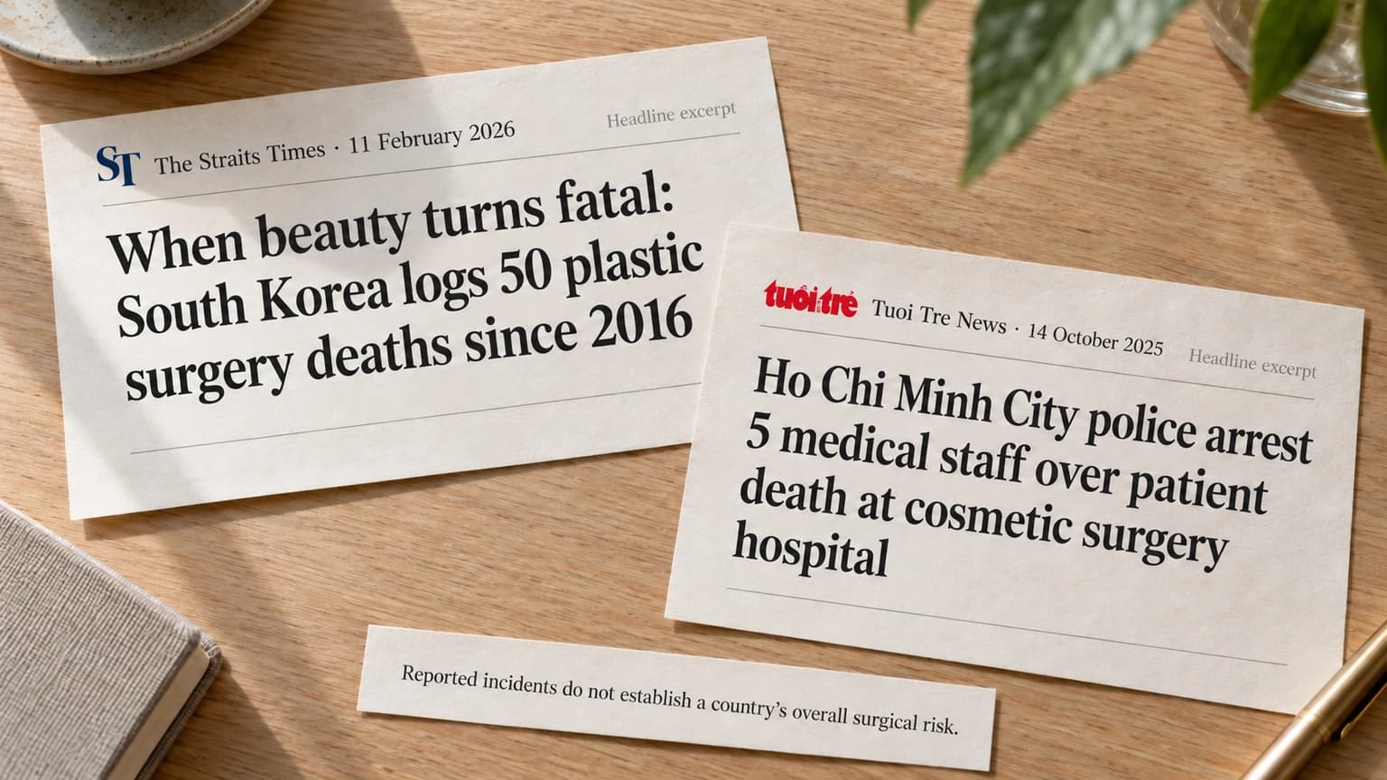 AI-recreated headline excerpts about a Korean forensic death study and a Vietnamese cosmetic surgery investigation, with a disclaimer against country-wide risk comparisons