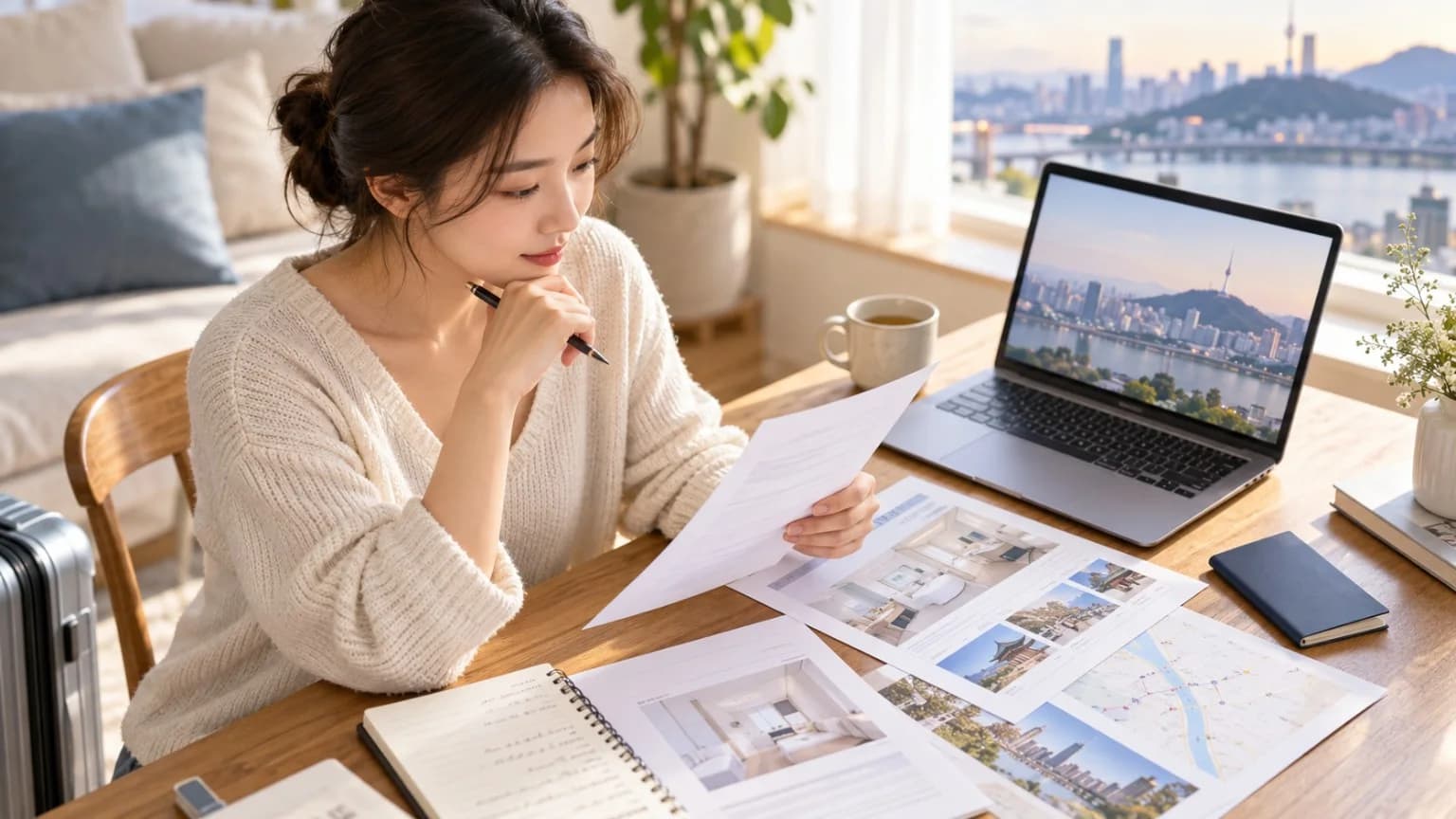 AI-generated illustration of a woman comparing clinic information, travel plans and written documents before overseas surgery